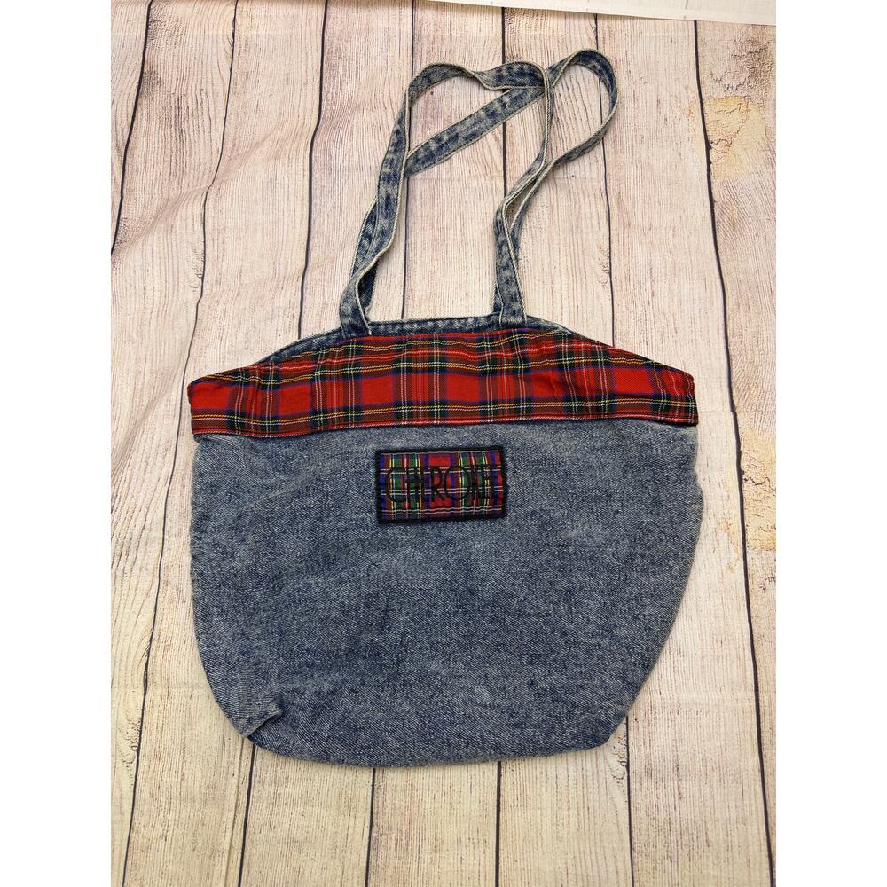 Vintage 80s 90s Cherokee Denim Plaid Tote Bag